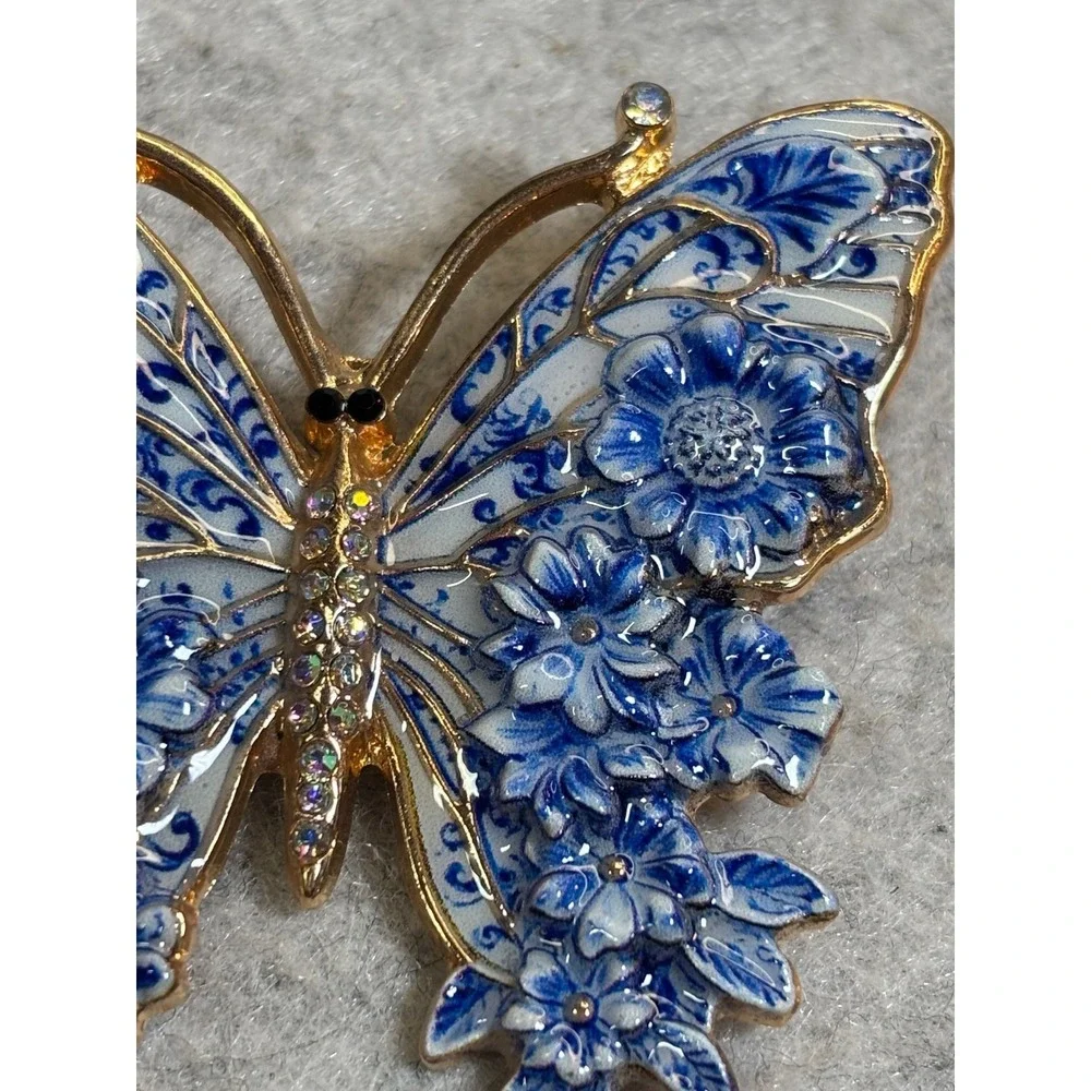 #63. Blue & White Floral Butterfly Brooch